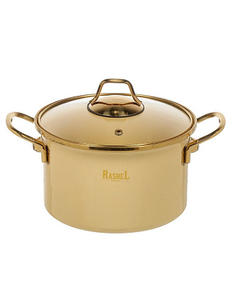 Кастрюля эмалированная сталь, 4 л, крышка стекло, ручки золото, RasheL, Gold, R-07720, кремовая, индукция