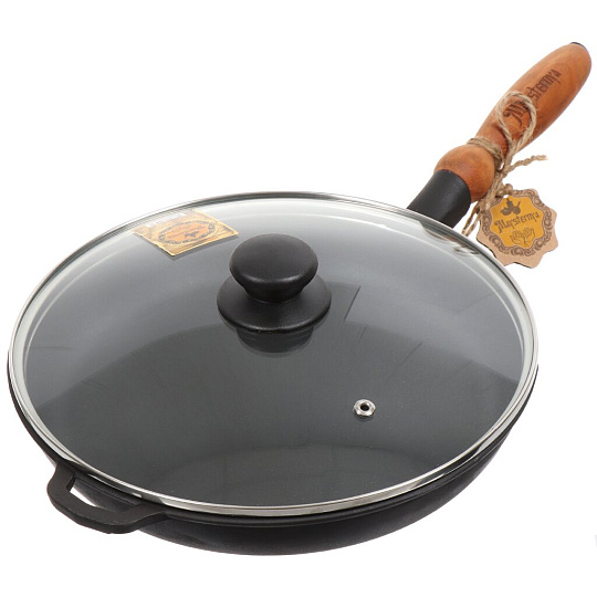 Сковорода чугун, 26 см, Maysternya, черная, с крышкой, с деревянной ручкой, индукция, T303C3