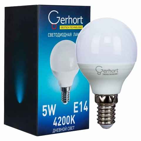 Лампа светодиодная E14, 5 Вт, шар, 4200 К, свет дневной, Gerhort, Лампа