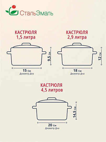 Набор посуды эмалированная сталь, 3 предмета, кастрюли 1.5,2.9,4.5 л, индукция, СтальЭмаль, Земляника, 1с144