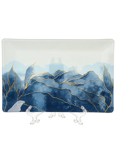 Тарелка десертная, стекло, 20х30 см, прямоугольная, Navy Leaves, Daniks, голубая