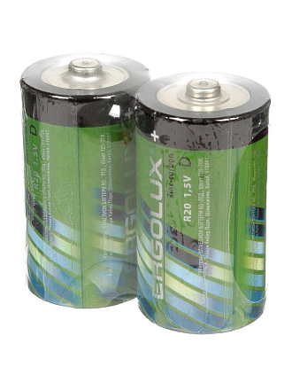 Батарейка Ergolux, D (R20), Zinc-carbon, солевая, 1.5 В, спайка, 2 шт, 12442