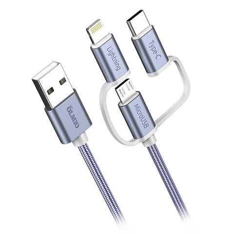 Кабель USB, OLMIO, microUSB, Apple Lightning, Type-C, 2.1 А, 1.2 м, серый, 038896