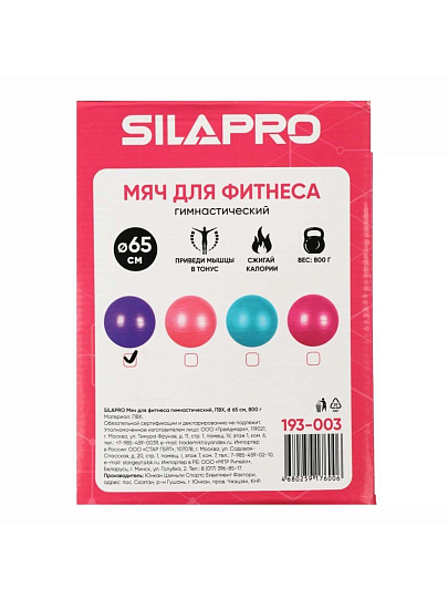 Гимнастический мяч для фитнеса, 65 см, ПВХ, до 80 кг, в ассортименте, SilaPro, 193-003