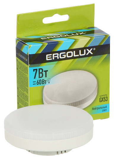 Лампа светодиодная GX53, 7 Вт, 60 Вт, 220 В, таблетка, 4000 К, нейтральный белый свет, Ergolux, 13513
