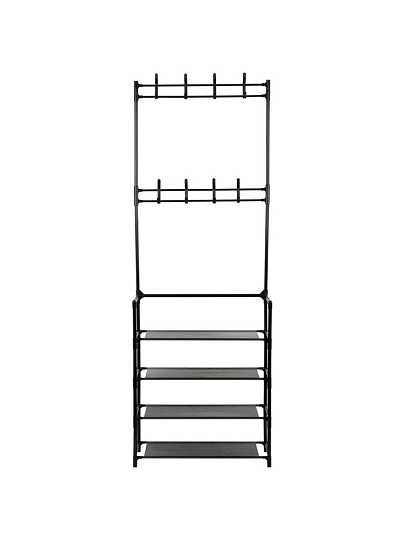 Вешалка-стойка напольная 60х27х170 см, полка для обуви, 15 кг, 104924, черная, 4 полки, 8 крючков