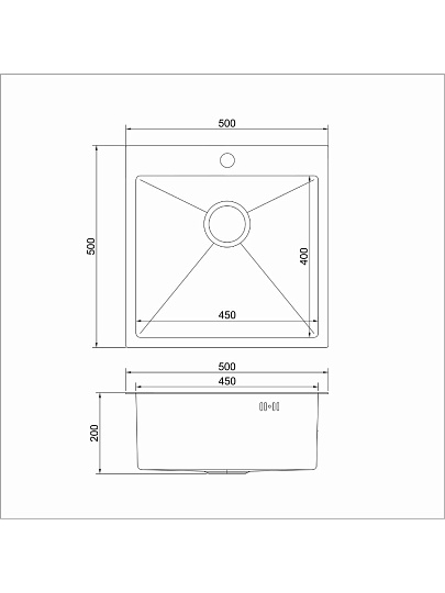 Мойка кухонная врезная, Mixline, Pro, нержавеющая сталь, 500х500х200 мм, 2 мм, выпуск 3 1/2, с сифоном, черный графит