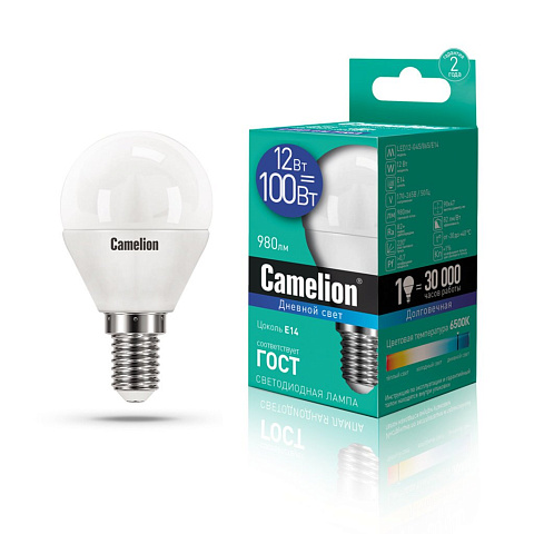 Лампа светодиодная 12Вт 220В 6500К Camelion LED12-G45/865/E14