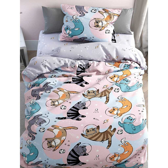 Постельное белье детское 1.5-спальное, простыня 150х215 см, 1 наволочка 70х70 см, пододеяльник 145х215 см, FreeDom, бязь, Коты в Космосе