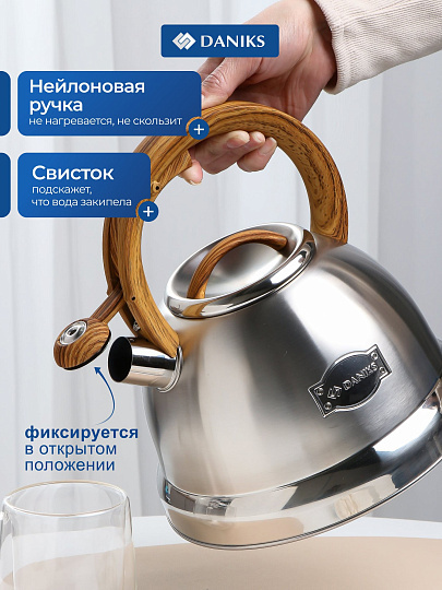 Чайник нержавеющая сталь, 3.4 л, со свистком, матовый, сталь 304, нейлон, Daniks, индукция, GS-04083A