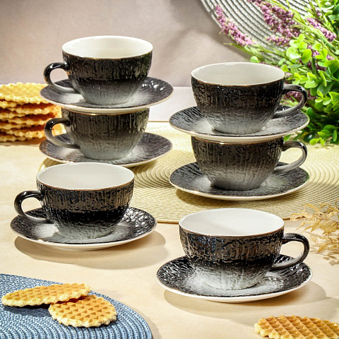Набор чайный керамика, 12 предметов, на 6 персон, 220 мл, Графит, Y6-10272, подарочная упаковка