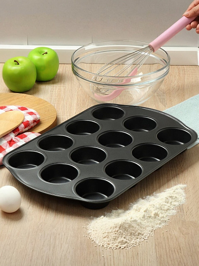 Форма для запекания сталь, 26.5х41х3.3 см, антипригарное покрытие, прямоугольная, 12 маффинов, Daniks, KB18305