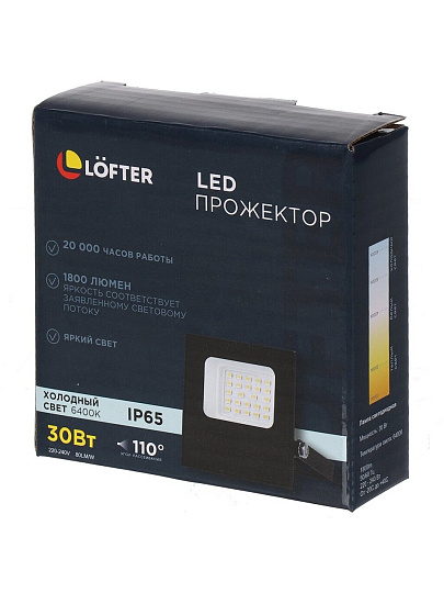 Прожектор светодиодный, Lofter, LG172L-30W2, 30 Вт, 6400 К, IP65, 2400 Лм, черный