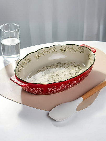 Форма для запекания керамика, 22х35х6 см, 1.9 л, овальная, Красные веточки, Y4-9764