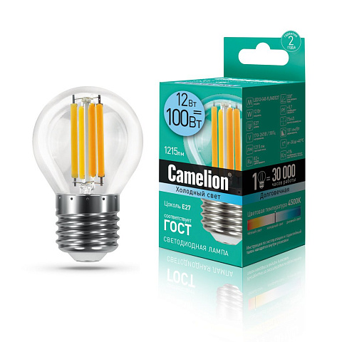 Лампа светодиодная 12Вт 220В 4500К Camelion LED12-G45-FL/845/E27