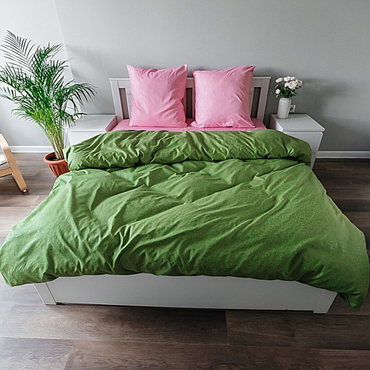 Постельное белье евро, простыня 215х240 см, 2 наволочки 70х70 см, пододеяльник 200х220 см, Love Story, полисатин, Жаккард однотонный зеленый