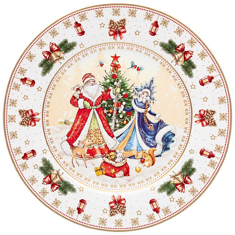 Тарелка закусочная, фарфор, 20.5 см, круглая, Дед Мороз и Снегурочка, Lefard, 85-1713, белая