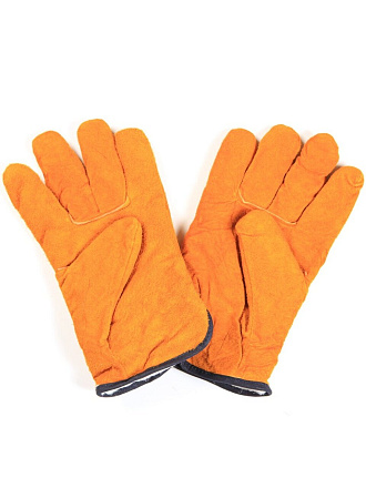 Перчатки цельноспилковые, спилок, замша, без рисунка, оранжевая основа, манжет-резинка, утепленные, мех-барашек, Стандарт