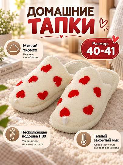 Тапки для женщин, искусственный мех, бежевые, р. 40-41, закрытые, с сердцем, A210428