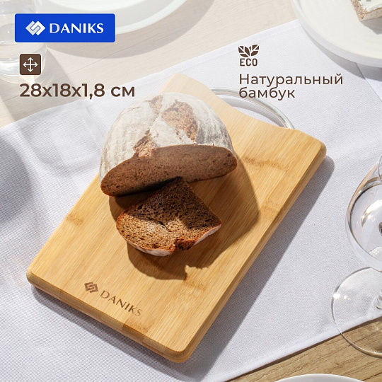 Доска разделочная бамбук, 28х18х1.8 см, с ручкой, прямоугольная, Daniks, H-1080S