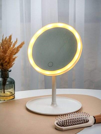 Зеркало настольное, 17х27 см, круглое, с подсветкой, 3 уровня яркости, белое, A070043