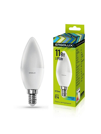 Лампа светодиодная E14, 11 Вт, 95 Вт, свеча, 4500 К, нейтральный белый свет, Ergolux, 13619
