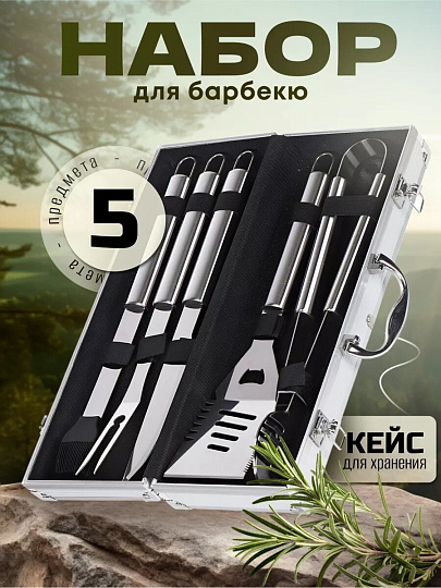 Набор для барбекю костровой, нержавеющая сталь, 5 предметов, лопатка, щипцы, вилка, нож, кисточка, кейс, C030006