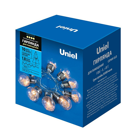 Гирлянда светодиодная 10 ламп, 1.8 м, Лампочки ретро, Uniel, свет теплый белый, прозрачная, на батарейках, 3AA, не в комплекте, UL-00008425