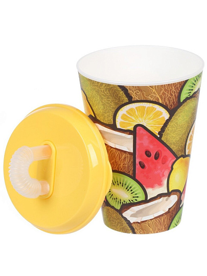 Стакан 420 мл, пластик, IZI-GO, Фрукты, с трубочкой, с крышкой, с декором, 0503/01