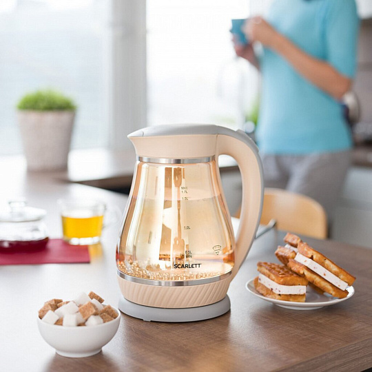 Чайник электрический Scarlett, SC-EK27G83, бежевый, 1.7 л, 2200 Вт, скрытый нагревательный элемент, стекло