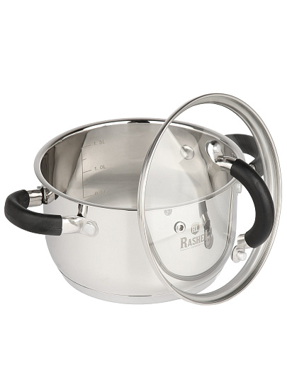 Кастрюля нержавеющая сталь, 1.9 л, крышка стекло, ручки силикон, RasheL, R-190к, индукция