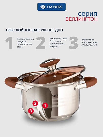 Кастрюля нержавеющая сталь, 3.8 л, крышка стекло, Daniks, Веллингтон, GS-01415-20CA, индукция