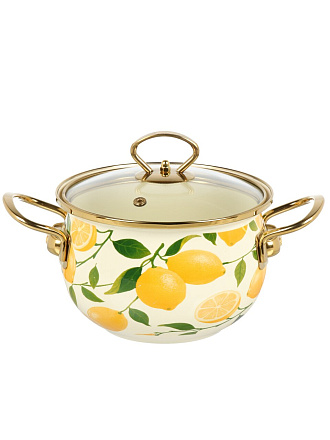 Кастрюля эмалированная сталь, 2 л, крышка стекло, Daniks, Лимоны, индукция