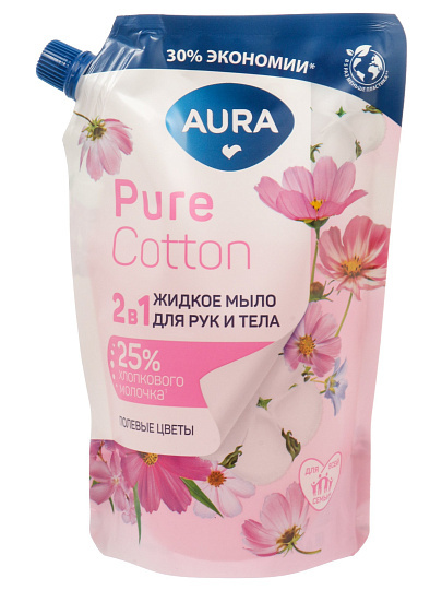 Крем-мыло жидкое Aura, Pure Cotton, 2в1, Хлопок и полевые цветы, 450 мл, дой-пак