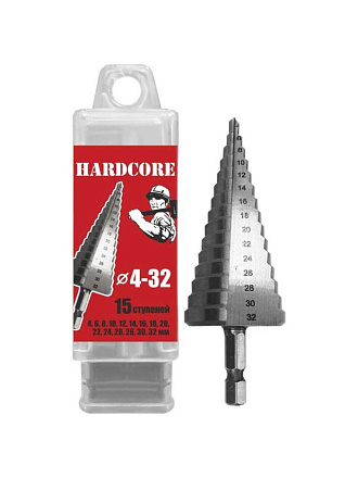 Сверло по металлу, шаговое, Hardcore, 4-32 мм (15 ступ.), шестигранник, 142432