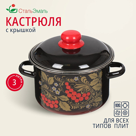 Кастрюля эмалированная сталь, 3 л, с крышкой, крышка сталь, СтальЭмаль, Рябина, 7RD181M/7RD181S, индукция