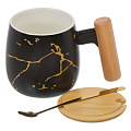 Кружка керамика, 400 мл, с крышкой, с ложкой, деревянная ручка, Y6-10239, черный мрамор - фото 3