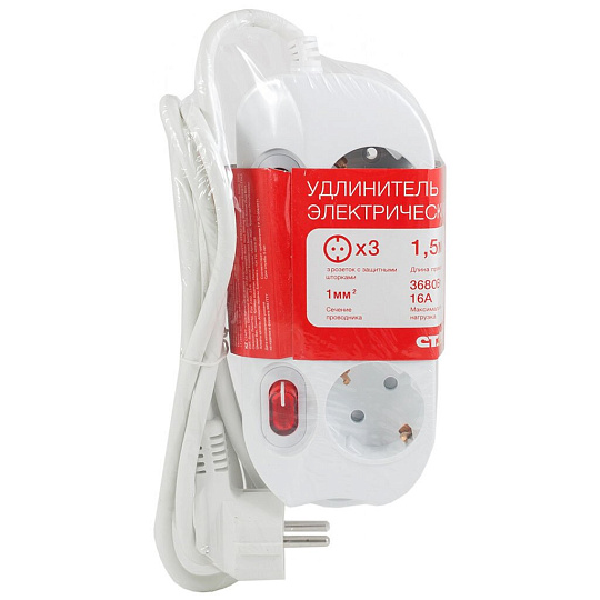 Удлинитель бытовой 3 гнезда, 1.5 м, 3х1 мм², с заземлением, выключатель, с индивидуальными кнопками, Старт, S 3x1-ZDIV