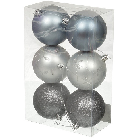 Елочный шар 6 шт, серый, серебряный, 8 см, блестящий, матовый, SY16-42