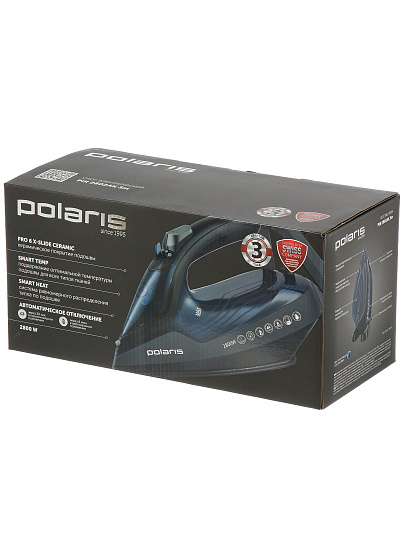 Утюг Polaris, PIR 2802AK, 2800 Вт, керамика, вертикальное отпаривание, противокапельная система, система самоочистки, мерный стакан, 3 м, синий, черный