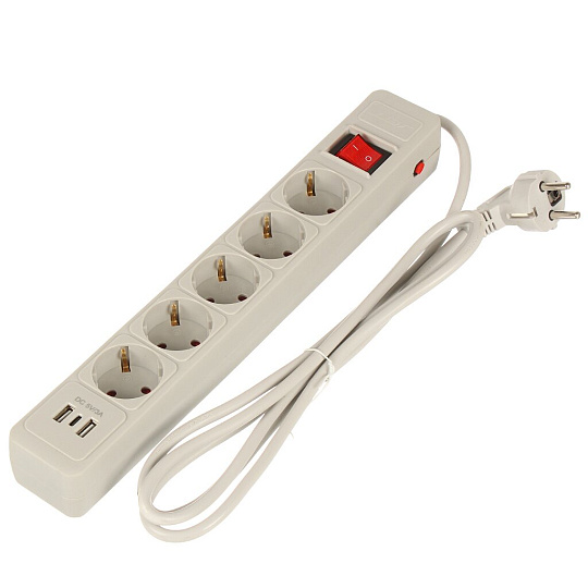 Сетевой фильтр 5 гн, 3 м, 3х1 мм², с/з, 16 А, +2USB +TYPE C, 3,5 кВт, сер, Jett, 171-503