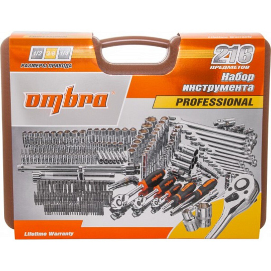 Набор слесарных инструментов Ombra, OMT216S, 59084, 1/2&quot;, 1/4&quot;, 3/8&quot;, 6-гранный, сталь, пластик, кейс, 216 предметов