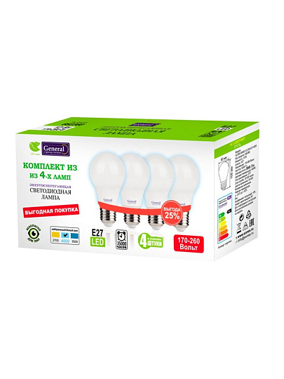 Лампа светодиодная E27, 12 Вт, 230 В, груша, 4000 К, нейтральный белый свет, 4 шт, General Lighting Systems, GLDEN-CF, CF, 662360