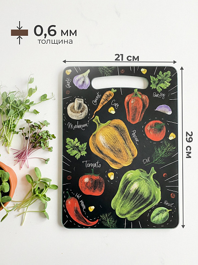 Доска разделочная дерево, 21х29х0.6 см, с ручкой, прямоугольная, Овощи, Ф-17