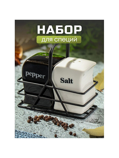 Набор для специй керамика, 2 шт, на подставке, бело-черный, Y4-8378
