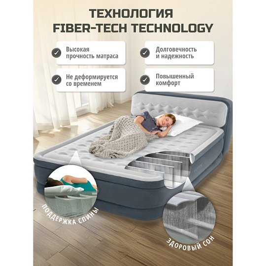 Кровать надувная Intex, 236х152х86 см, Queen ultra plush, 64448ND, насос встроенный, электрический, флокированная, 273 кг