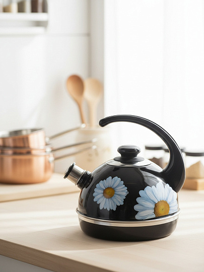 Чайник сталь, эмалированное покрытие, 3.5 л, со свистком, ручка консольная, Рубин, Ромашки, черный, T04/35/02/14