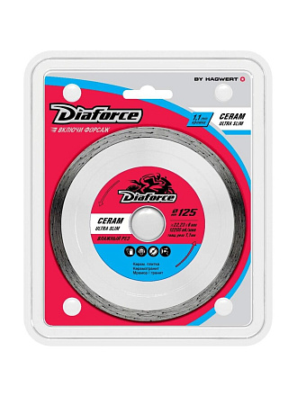 Диск отрезной алмазный по керамике, Diaforce, Ceram Ultra Slim, сплошной край, 125х22.23х1.1 мм, влажный рез, ультратонкий, 514125U