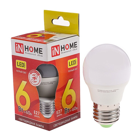Лампа светодиодная E27, 6 Вт, 60 Вт, 230 В, шар, 3000 К, свет теплый белый, In Home