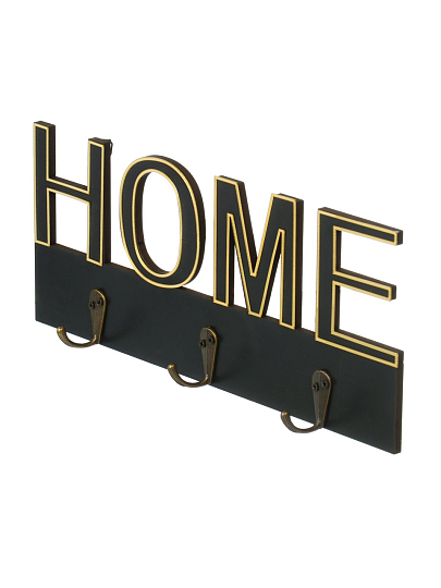 Ключница Home, 30х12 см, МДФ, 3 крючка, на декоративном панно, A200143, черная